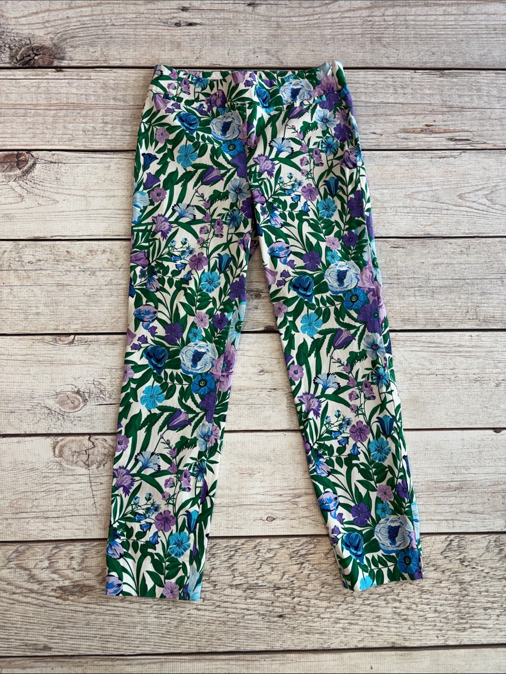Talbots Cream Floral Chatham Anke Pants With Green, Blue & Purple Print